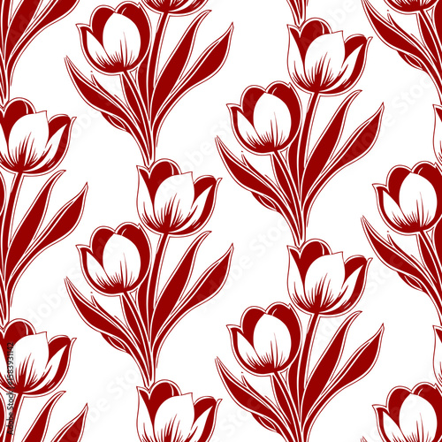 simple seamless white and red pattern of tulip flowers, background, texture