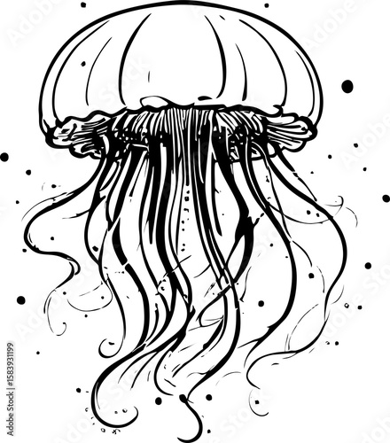 black graphic drawing of a large jellyfish on a white background, isolated element, decor