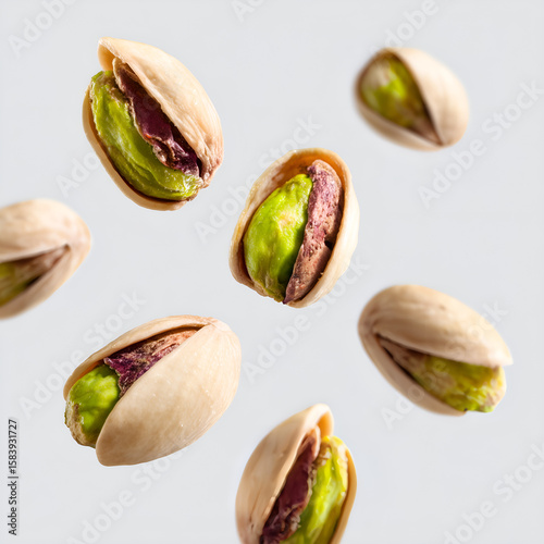 Pistachios: Artfully captured, shelled pistachios showcase their vibrant green kernels and unique shell textures. These delicious nuts suspended.