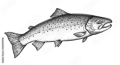 Vintage ink sketch salmon live fish side view – hand drawn black and white illustration doodle vector, engraving svg