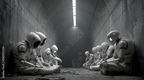 Robotic Solitude in Concrete Corridor: A collection of humanoid robots sits dejectedly in a dimly lit, concrete corridor. The scene evokes a sense of isolation, introspection.