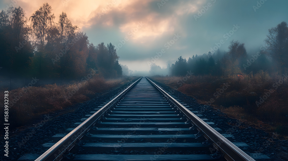 Fototapeta premium Straight railway tracks vanishing into the distance. 