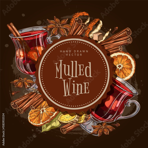 Glass of mulled wine with spices and fruits, vector sketch round label design, hand drawn hot winter drink