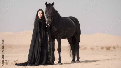 Woman and Horse in Desert: A woman and a black horse pose elegantly amidst a vast desert landscape, embracing the sense of freedom and beauty. The horse and woman share a moment of elegance and grace.