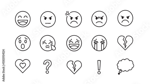 Diverse emotive face icons representing a variety of feelings and states of being for social media