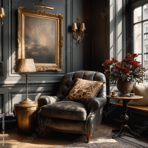 Cozy Retreat: An inviting armchair, flanked by classic decor elements, creates a welcoming space of refined comfort and timeless elegance. 