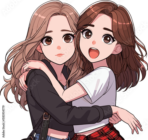 驚いて抱き合う女性二人のイラスト
