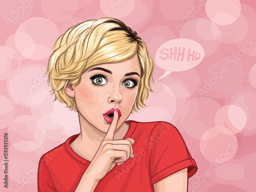 Beautiful blonde woman cartoon character with finger on lips silence shhh vector illustration