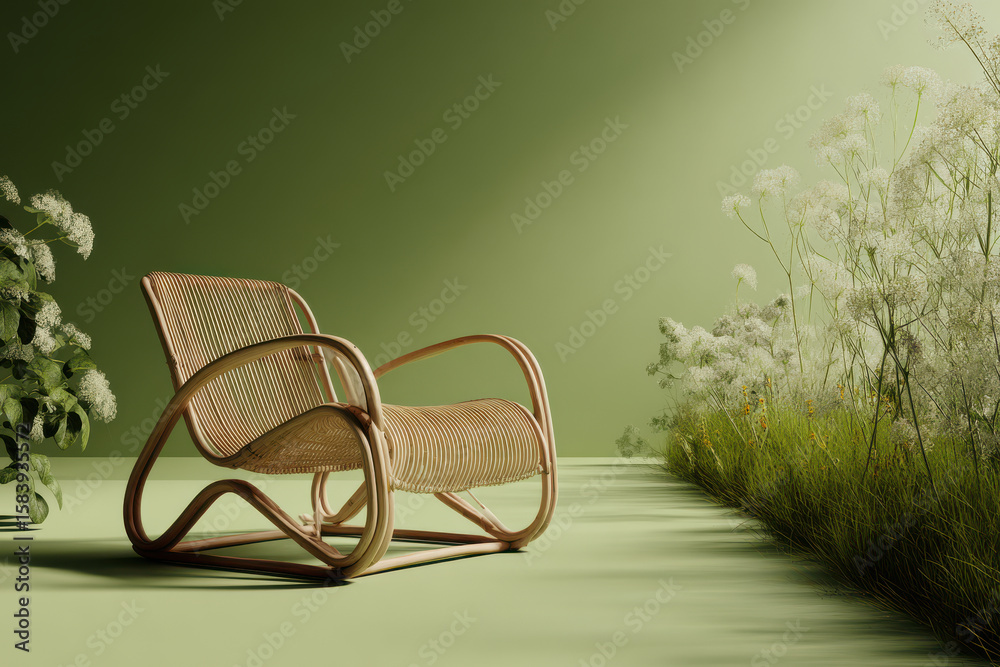 Fototapeta premium trendy rattan chair perfectly blends style and comfort set against vibrant green backdrop