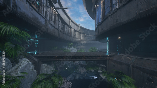 Fototapeta Naklejka Na Ścianę i Meble -  Fantasy futuristic science fiction environment with a platform connecting two buildings above overgrown rock landscape. 3D rendered illustration.