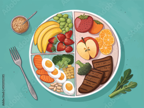 Healthy balanced diet plate with fruits vegetables protein and carbohydrates for nutrition concept