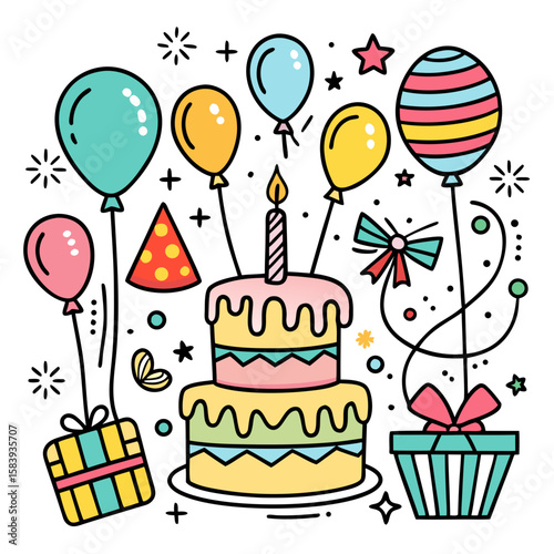 birthday card with cake and balloons