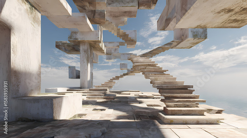 Unfinished ruin with fragmented staircases levitating in opposing directions