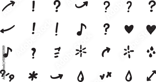 Black hand drawn symbols arrows question marks exclamation points music notes hearts and drops vector