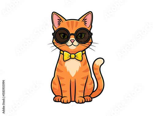 Cartoon Cute Orange Tabby Cat with Sunglasses and Bow Tie Illustration