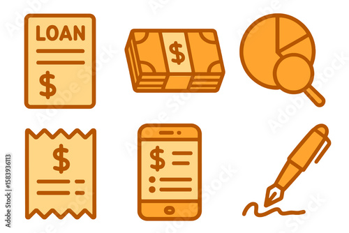 Finance icons in light and dark orange shades: loan doc, cash, pie chart, payment receipt, expense tracker, pen. Flat cartoon style on transparent.