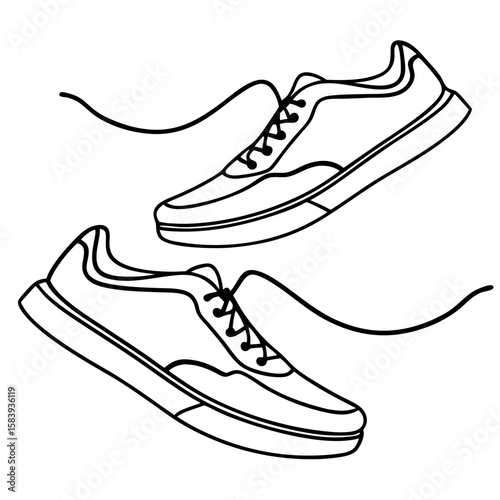 Flying sneakers in simple outline, athletic footwear hovering in space. These flying sneakers suggest movement, speed, and effortless style, embodying levitation concept.