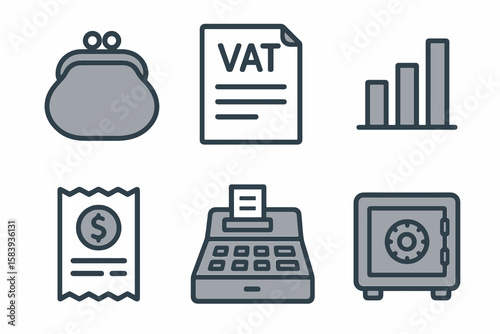 simple gray finance set with purse, VAT, chart, bill, register, safe box in gray tones on transparent background.