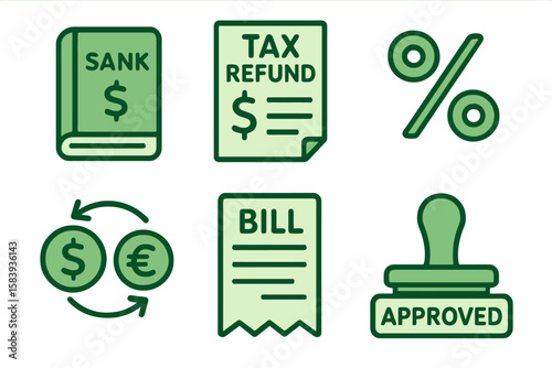 Finance icons in light and dark green shades: savings book, tax refund, interest, currency arrows, billing, approval stamp. Flat cartoon style on transparent.