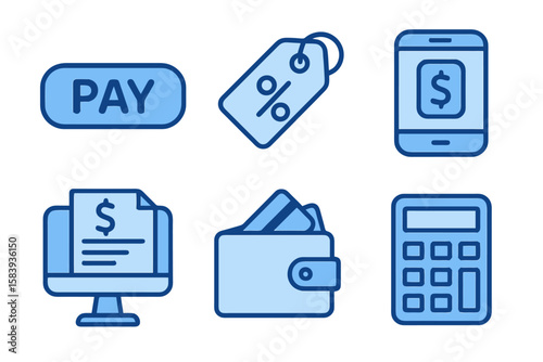 Finance icons in light and dark blue shades: pay button, discount tag, payment app, online invoice, wallet, calculator dollar. Flat cartoon style on transparent.