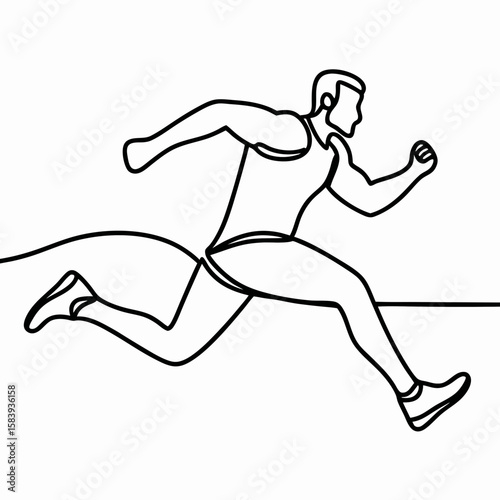 Man sprinting with powerful strides in minimalist line art, capturing energy and movement. Continuous line drawing illustrates man sprinting with determined focus, showcasing speed and agility.