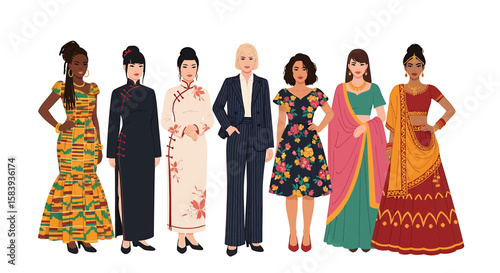 Diverse Women Standing Together in Traditional and Modern Attire
