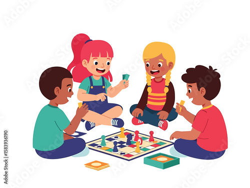 Kids' Fun Time Cartoon Children Enjoying a Board Game Together Indoors
