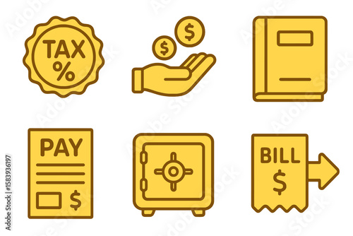 Finance icons in light and dark yellow shades: tax percent, coins, ledger, payslip, safe, bill payment. Flat cartoon style on transparent.