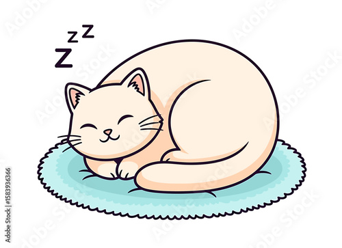 Sleeping Cat Illustration Cute Feline Curled Up on a Soft Blue Cushion for Calm & Peace