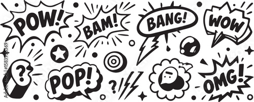 Comic book speech bubbles with sound effects and characters vector