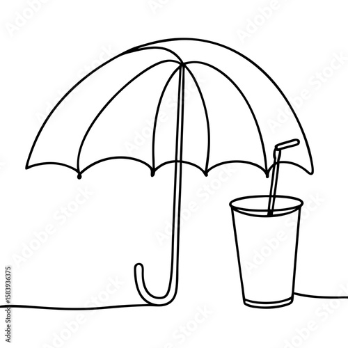 Umbrella and drink in minimalist outline illustration on white background. Umbrella and drink in simple linear representation includes straw in beverage, invoking summery, refreshing mood.