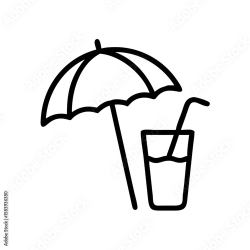 Umbrella and drink line icon on plain white backdrop, simple illustration. Umbrella and drink represents relaxation, vacation, and summer vibes.