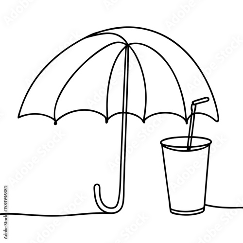 Illustration depicting umbrella and drink with straw in minimal line style. Umbrella and drink line art in simple and clear design with outline shape, ideal for summery compositions.