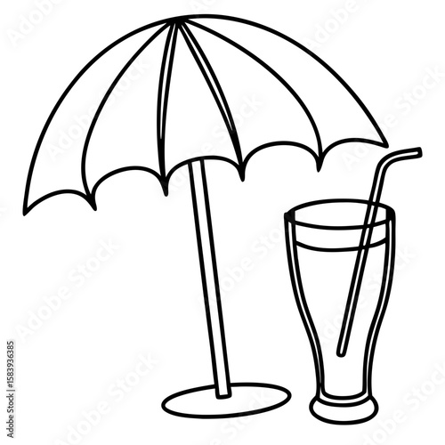 Umbrella and drink illustration with straw for summer refreshment. Umbrella and drink provide cool shade and a refreshing beverage on hot days, ideal for relaxation and enjoying summer.
