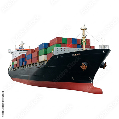 Cargo ship with colorful containers isolated on white background.
