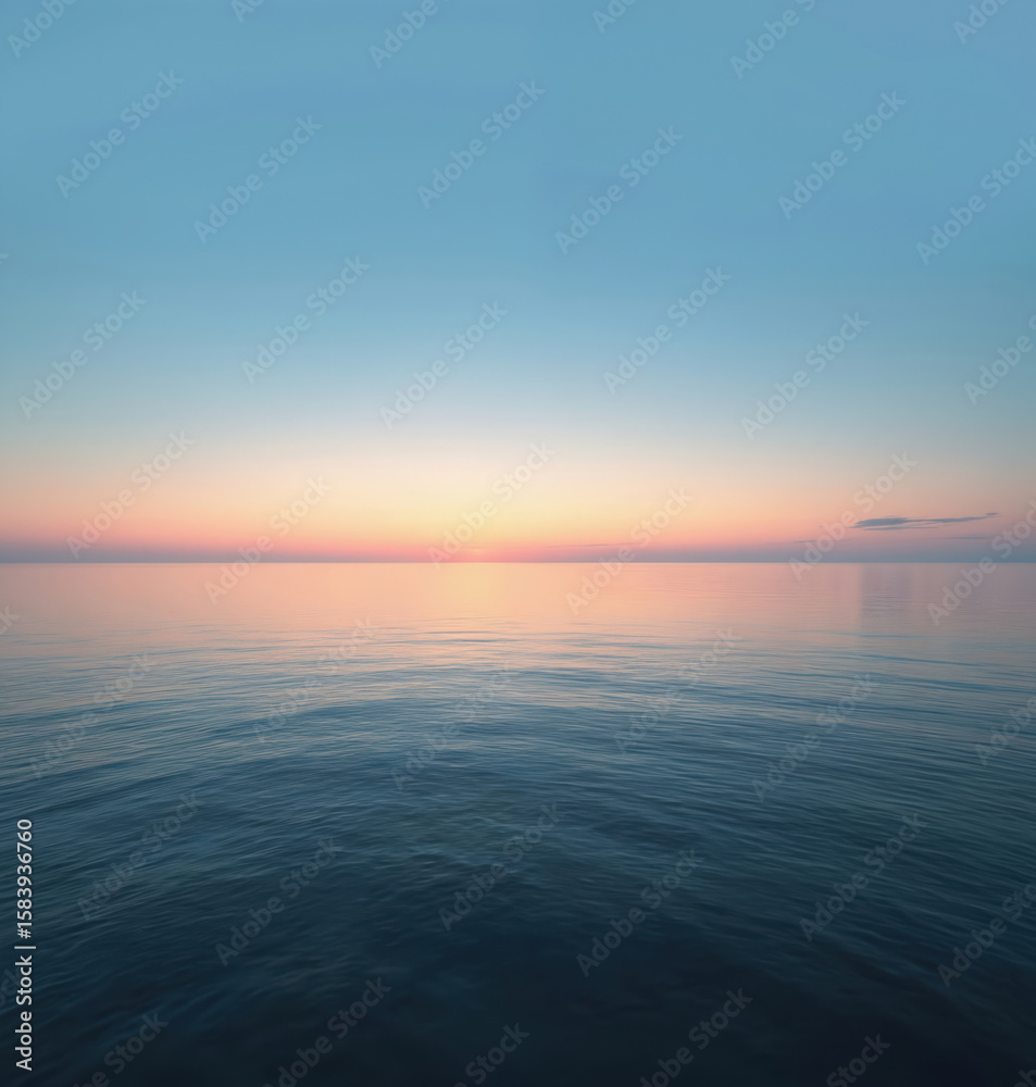 Fototapeta premium Serene ocean sunset at dusk with calm water. Deep blue sea meets light orange sky, creating stunning contrast. Horizon line merges with sky in distance, creating peaceful atmosphere.