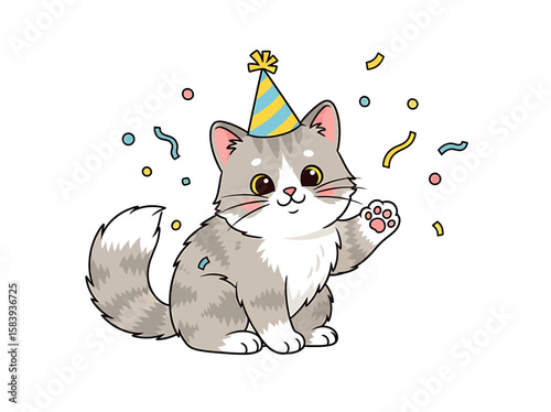 Festive Feline Cute Cartoon Cat Celebrating with Party Hat and Confetti, Perfect for Celebrations