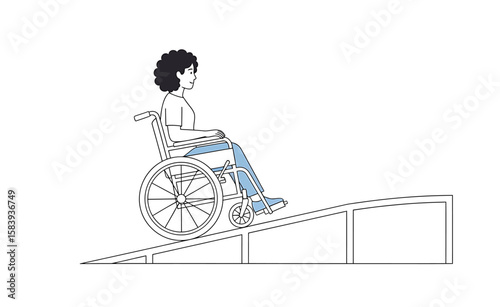 Woman uses wheelchair ramp, promoting accessibility and independence.