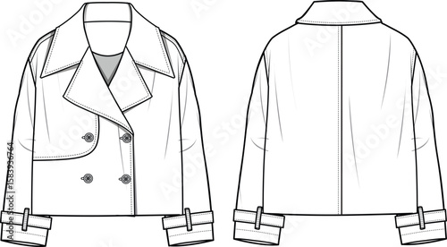 Women's Crop Trenchcoat. Technical fashion flat sketch. Front and back, white colour. Women's CAD mock-up.