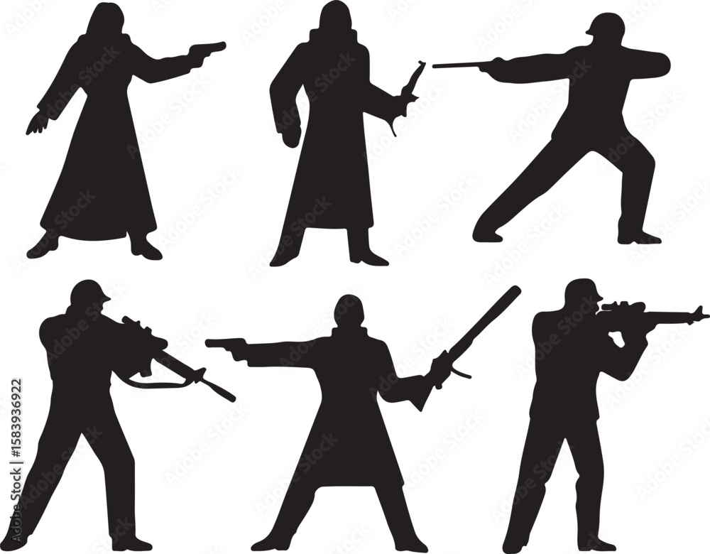 Naklejka premium Silhouettes of armed figures in action poses vector