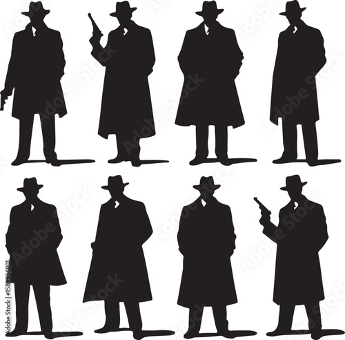 Silhouetted men wearing fedoras and trench coats holding firearms pistol
