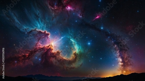 Celestial Symphony: Captivating depiction of a galaxy teeming with vibrant hues, swirling nebulae, and a tapestry of stars, invoking a sense of wonder and awe.