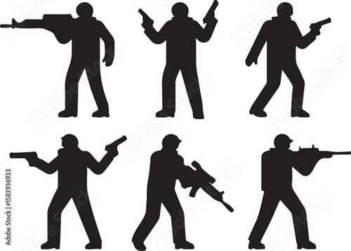 Silhouettes of figures holding firearms black white