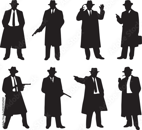 Silhouettes of men in trench coats and fedoras suits