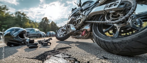 The motorcycle accident scene showcasing a damaged bike and safety gear.