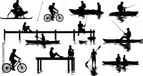 Black silhouette vector set of people enjoying outdoor activities like cycling fishing and kayaking
