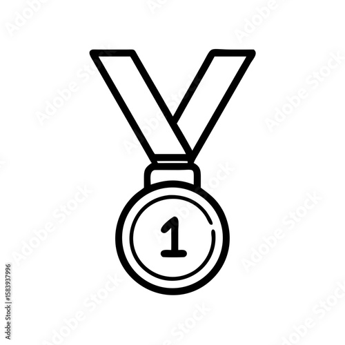 Sports medal with number one on ribbon in simple line art design, transparent background
