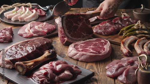 Cinematic Carnivore Diet Video, Close-Up of Premium Meat Cuts, Sizzling Steaks, Organ Meats, Bone Marrow, Zero Carb High Protein Lifestyle, Primal Eating, Slow Motion Food Loop, Rustic Kitchen
