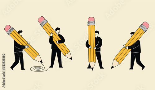 Illustration of people holding large pencils symbolizing creativity writing and education