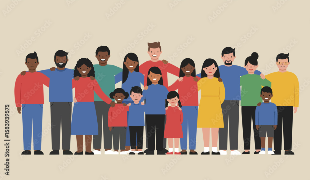 Obraz premium Diverse group of people standing together with arms around each other smiling
